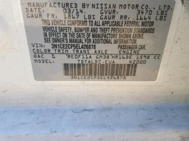 3N1CE2CP5EL426878 - 2014 NISSAN VERSA NOTE WHITE photo 10