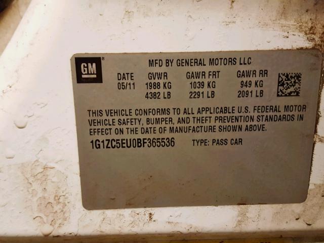 1G1ZC5EU0BF365536 - 2011 CHEVROLET MALIBU 1LT 白色 照片 10