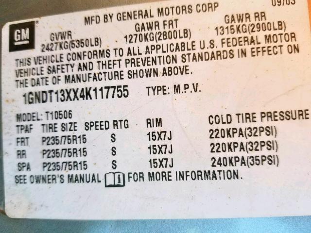 1GNDT13XX4K117755 - 2004 CHEVROLET BLAZER TAN photo 10