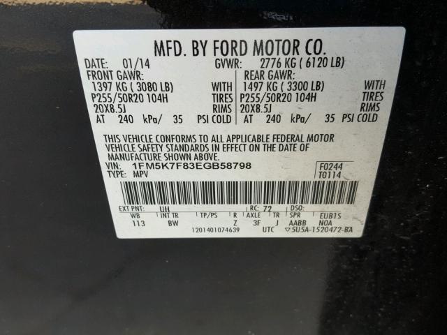 1FM5K7F83EGB58798 - 2014 FORD EXPLORER L BLACK photo 10