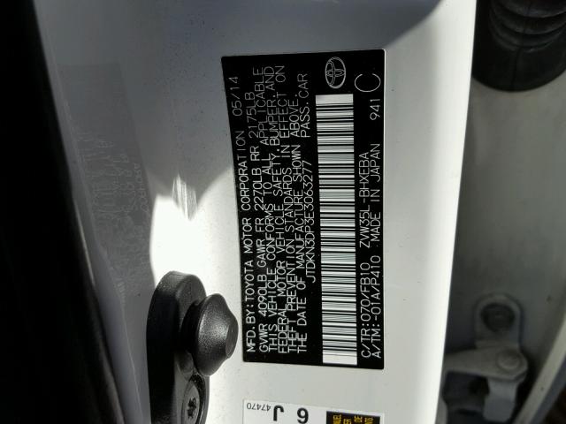 JTDKN3DP3E3063277 - 2014 TOYOTA PRIUS PLUG WHITE photo 10