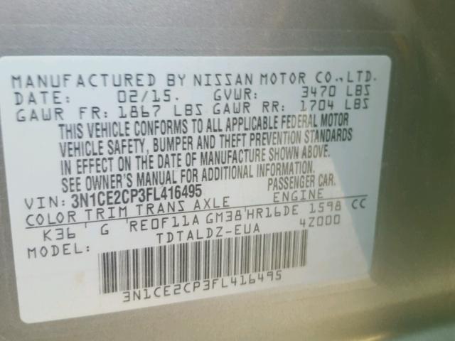 3N1CE2CP3FL416495 - 2015 NISSAN VERSA NOTE GRAY photo 10