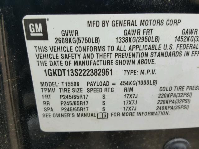 1GKDT13S222382961 - 2002 GMC ENVOY BLACK photo 10