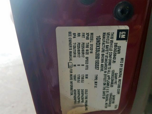 1GNDX33L55D193337 - 2005 CHEVROLET UPLANDER L 勃艮第红 照片 10