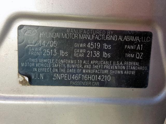 5NPEU46F16H014210 - 2006 HYUNDAI SONATA GLS GOLD photo 10