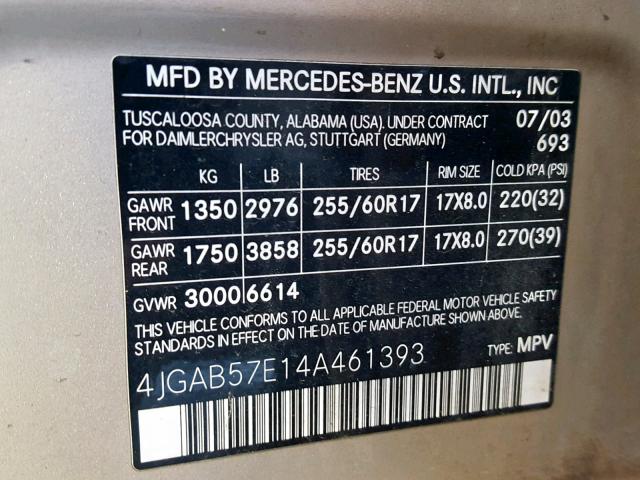 4JGAB57E14A461393 - 2004 MERCEDES-BENZ ML 350 TAN photo 10