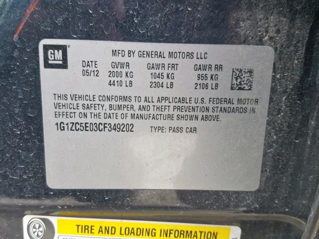 1G1ZC5E03CF349202 - 2012 CHEVROLET MALIBU 1LT შავი ფოტო 10