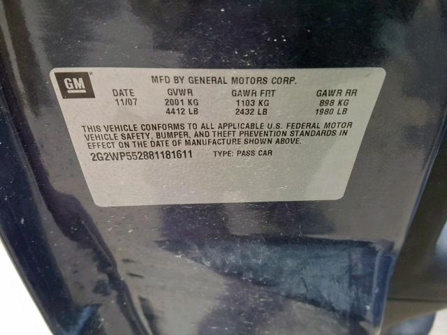 2G2WP552881181611 - 2008 PONTIAC GRAND PRIX CHARCOAL photo 10