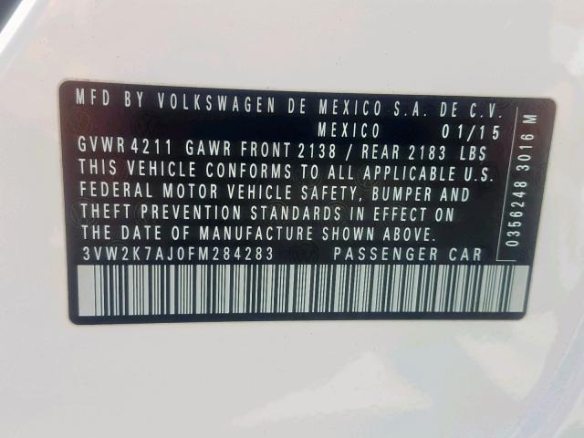 3VW2K7AJ0FM284283 - 2015 VOLKSWAGEN JETTA BASE 白色 照片 10