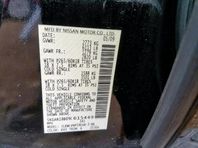 5N1AR18B09C615449 - 2009 NISSAN PATHFINDER BLACK photo 10