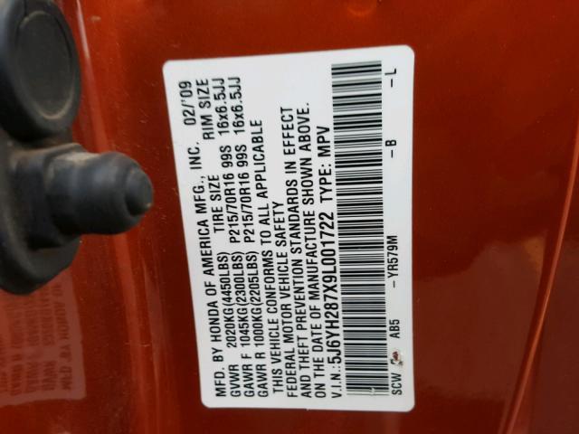 5J6YH287X9L001722 - 2009 HONDA ELEMENT EX ORANGE photo 10