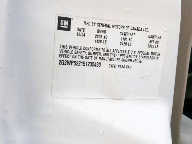 2G2WP522151235430 - 2005 PONTIAC GRAND PRIX თეთრი ფოტო 10