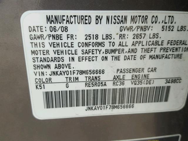 JNKAY01F78M656666 - 2008 INFINITI M35 BASE GRAY photo 10