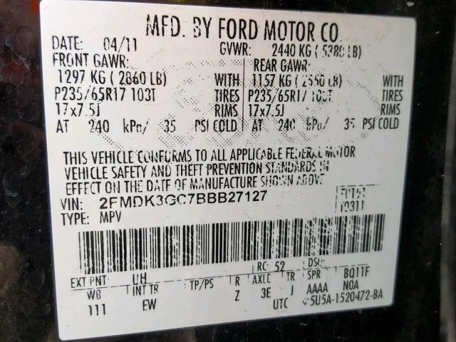 2FMDK3GC7BBB27127 - 2011 FORD EDGE SE CHARCOAL photo 10