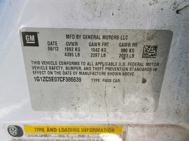 1G1ZC5E07CF386639 - 2012 CHEVROLET MALIBU 1LT 白色 照片 10