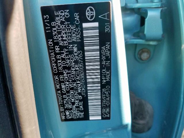 JTDKDTB38D1057763 - 2013 TOYOTA PRIUS C BLUE photo 10