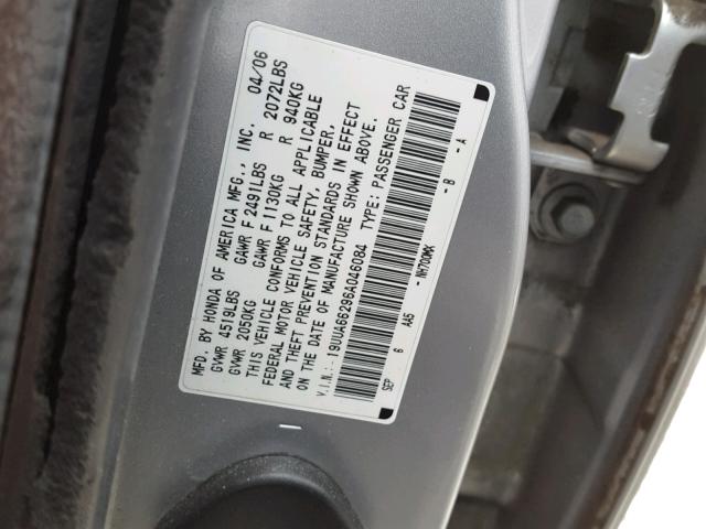 19UUA66296A046084 - 2006 ACURA 3.2TL SILVER photo 10