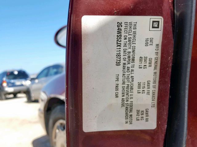 2G4WS52JX11187739 - 2001 BUICK CENTURY CU MAROON photo 10