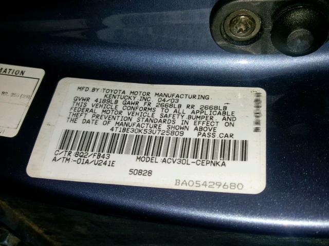 4T1BE30K53U725809 - 2003 TOYOTA CAMRY LE BLUE photo 10