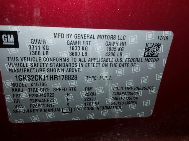 1GKS2CKJ1HR178828 - 2017 GMC YUKON DENA BURGUNDY photo 10