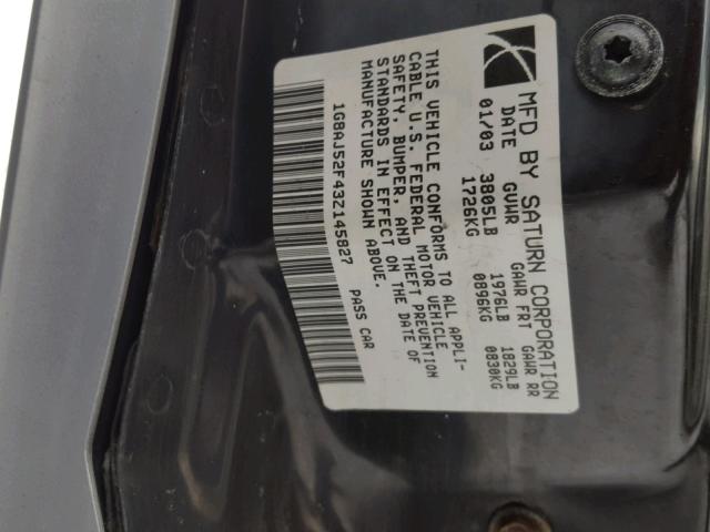 1G8AJ52F43Z145827 - 2003 SATURN ION LEVEL SILVER photo 10