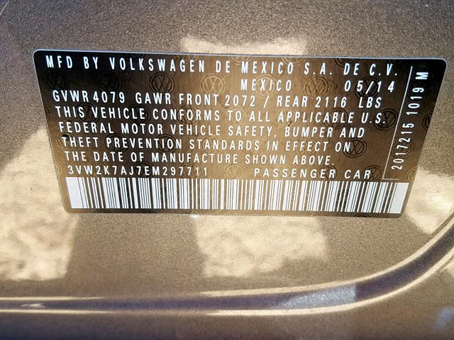 3VW2K7AJ7EM297711 - 2014 VOLKSWAGEN JETTA BASE Մոխրագույն լուսանկար 10