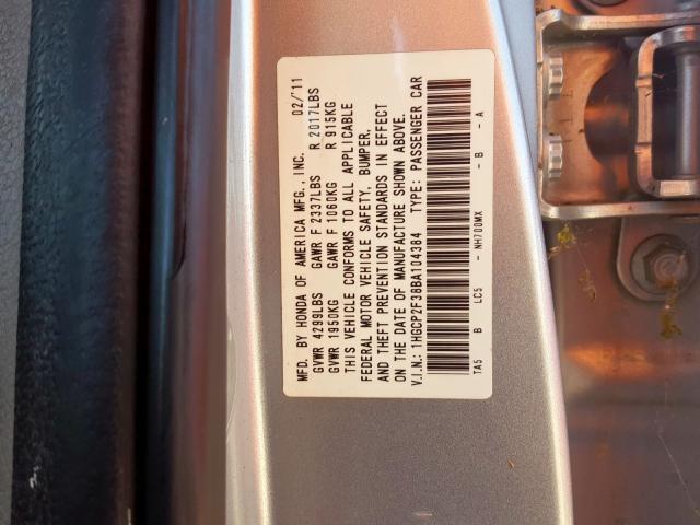 1HGCP2F38BA104384 - 2011 HONDA ACCORD LX SILVER photo 10