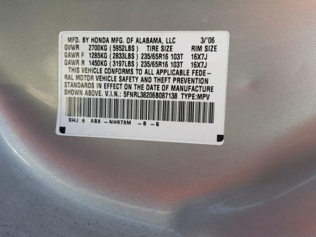 5FNRL38206B087138 - 2006 HONDA ODYSSEY LX TAN photo 10