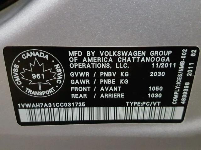 1VWAH7A31CC031725 - 2012 VOLKSWAGEN PASSAT S SILVER photo 10