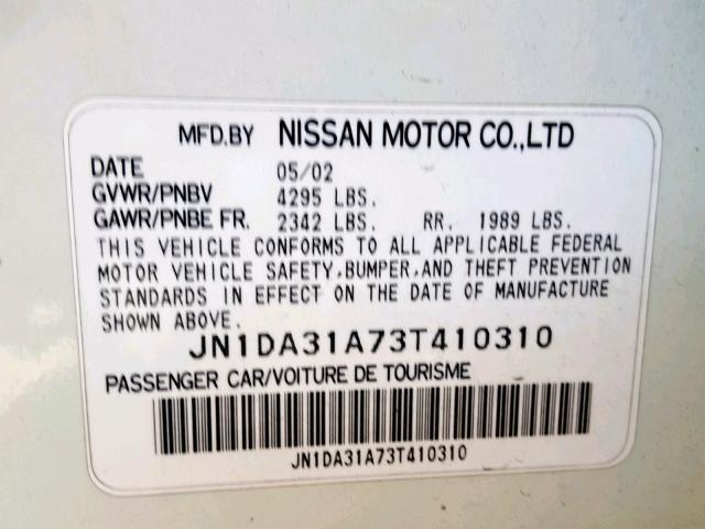 JN1DA31A73T410310 - 2003 NISSAN MAXIMA GLE WHITE photo 10