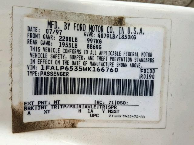 1FALP6535WK166760 - 1998 FORD CONTOUR BA WHITE photo 10