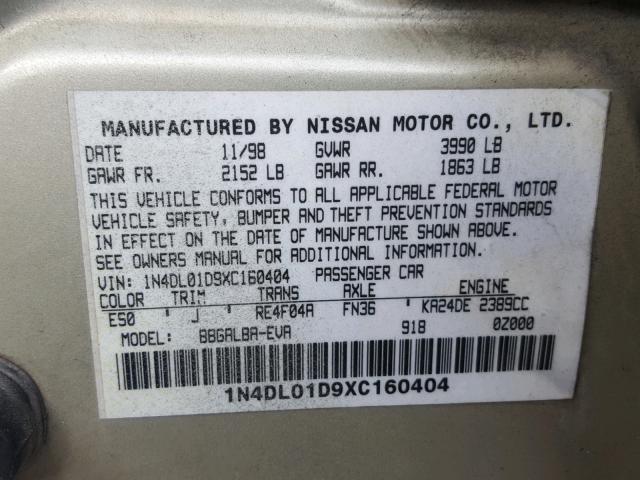 1N4DL01D9XC160404 - 1999 NISSAN ALTIMA XE CREAM photo 10