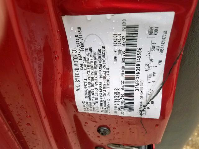 3FAFP37N35R145586 - 2005 FORD FOCUS ZX5 RED photo 10