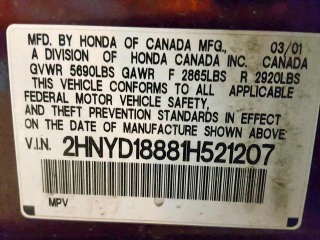 2HNYD18881H521207 - 2001 ACURA MDX TOURIN MAROON photo 10