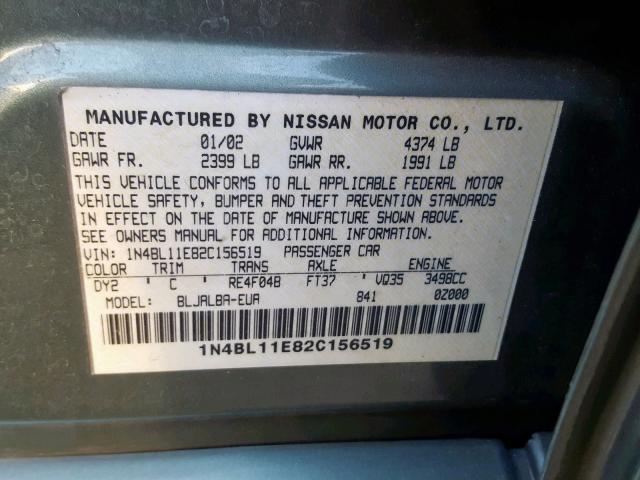 1N4BL11E82C156519 - 2002 NISSAN ALTIMA SE TEAL photo 10