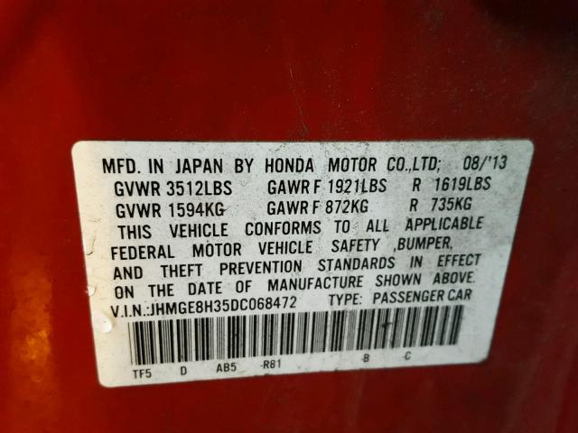 JHMGE8H35DC068472 - 2013 HONDA FIT RED photo 10