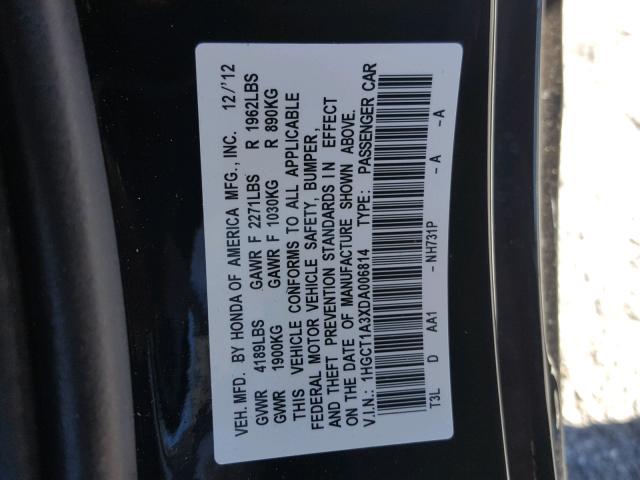 1HGCT1A3XDA006814 - 2013 HONDA ACCORD LX- BLACK photo 10