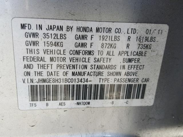 JHMGE8H31BC013434 - 2011 HONDA FIT SILVER photo 10