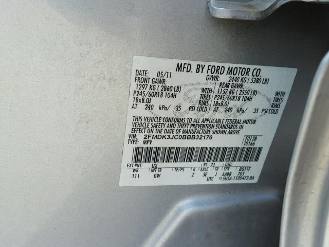 2FMDK3JC0BBB32176 - 2011 FORD EDGE SEL SILVER photo 10