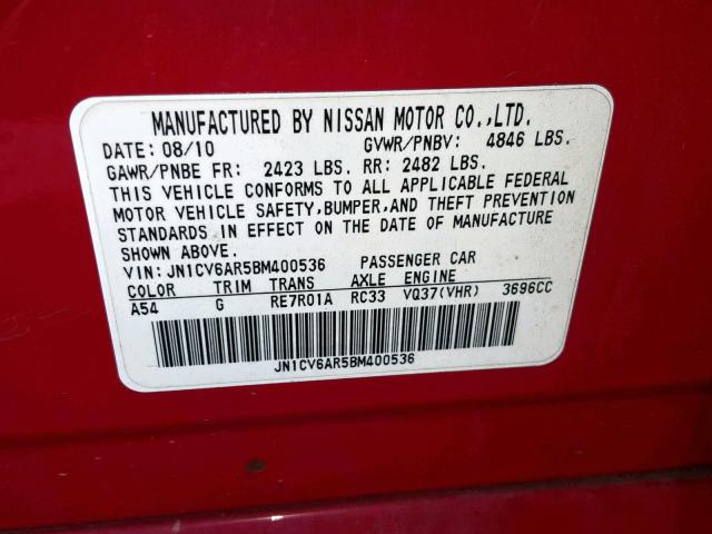 JN1CV6AR5BM400536 - 2011 INFINITI G37 RED photo 10