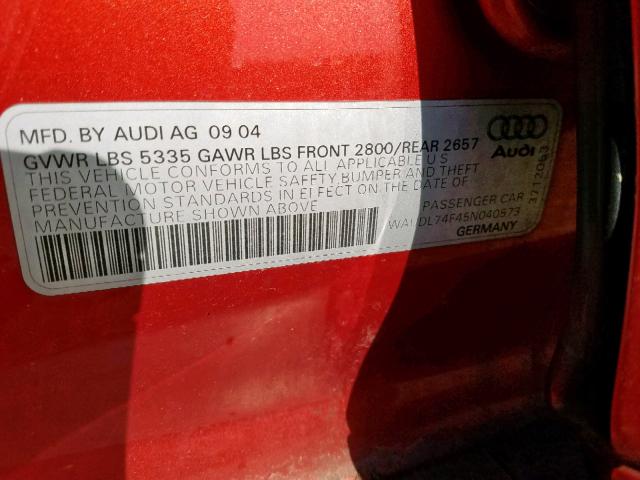 WAUDL74F45N040573 - 2005 AUDI A6 4.2 QUA ORANGE photo 10