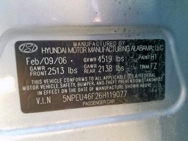 5NPEU46F26H119077 - 2006 HYUNDAI SONATA GLS BLUE photo 10