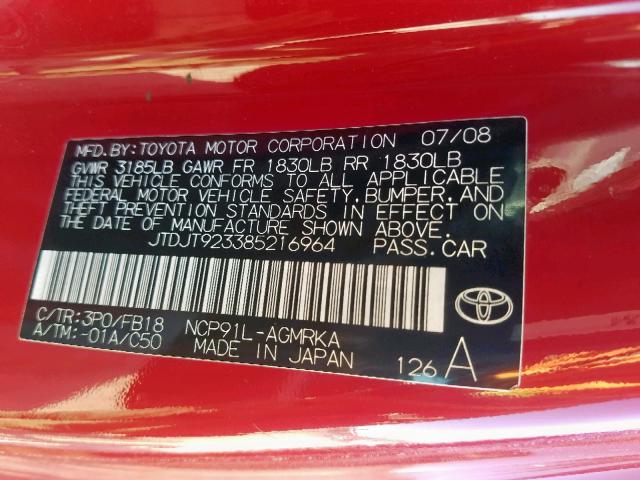 JTDJT923385216964 - 2008 TOYOTA YARIS RED photo 10