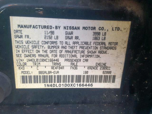 1N4DL01D0XC166446 - 1999 NISSAN ALTIMA XE BLACK photo 10