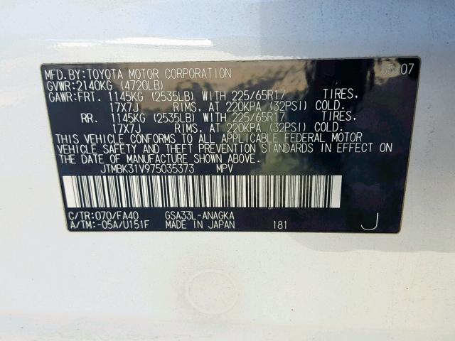 JTMBK31V975035373 - 2007 TOYOTA RAV4 LIMIT WHITE photo 10