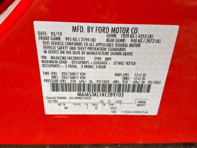 MAJ6S3KL1KC289703 - 2019 FORD ECOSPORT T RED photo 10