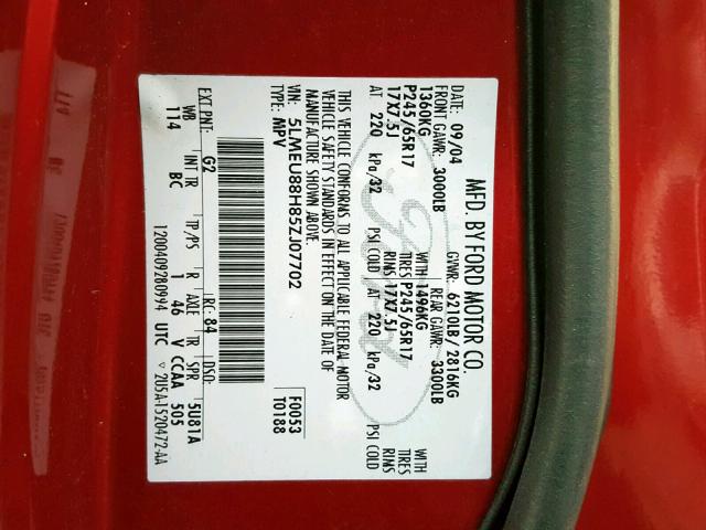 5LMEU88H85ZJ07702 - 2005 LINCOLN AVIATOR 红色 照片 10