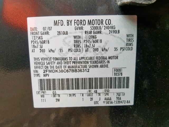 2FMDK38C67BB36312 - 2007 FORD EDGE SEL GRAY photo 10