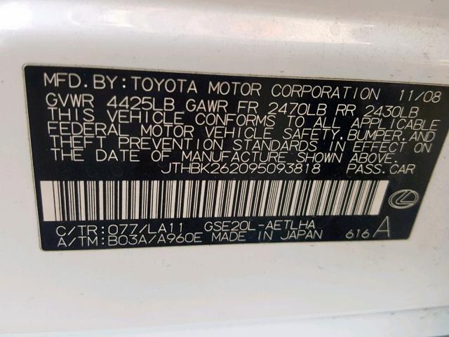 JTHBK262095093818 - 2009 LEXUS IS 250 WHITE photo 10