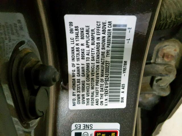 19XFA1F92AE000237 - 2010 HONDA CIVIC EXL GRAY photo 10